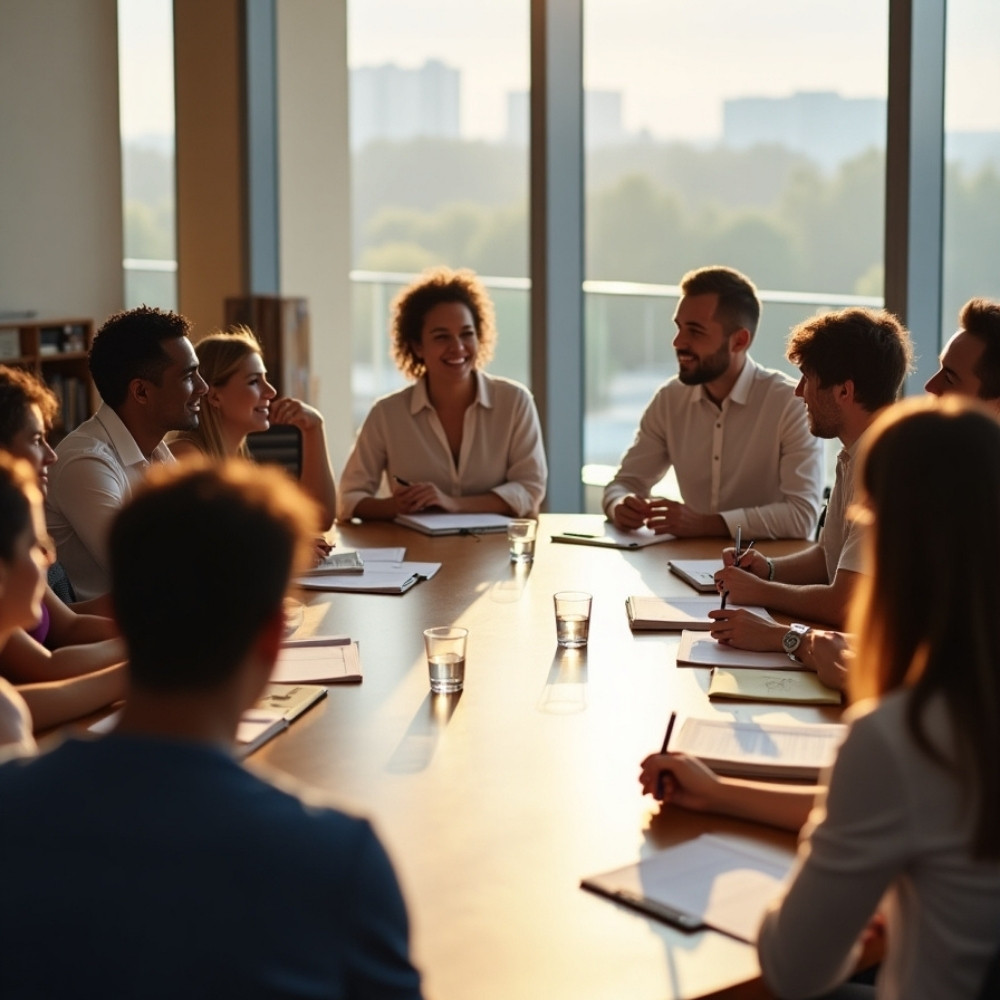 viele personen sitzen an einem runden tisch und nehmen an einer gruppendiskussion teil