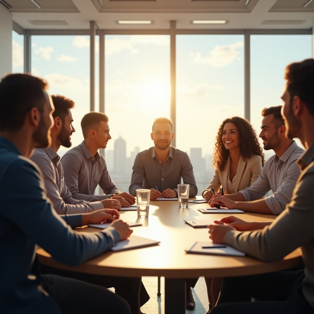 viele personen sitzen an einem großen besprechungstisch und nehmen an einer gruppendiskussion teil